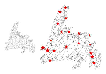 Polygonal mesh Newfoundland Island map with red star centers. Abstract network connected lines and stars form Newfoundland Island map. Vector wire frame 2D polygonal network in black and red colors.のイラスト素材