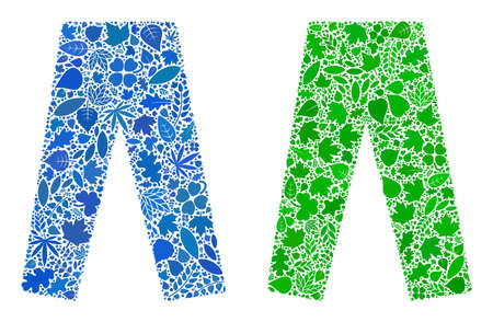 Ecology jeans icon collage of herbal leaves in green and natural color variations. Ecological...