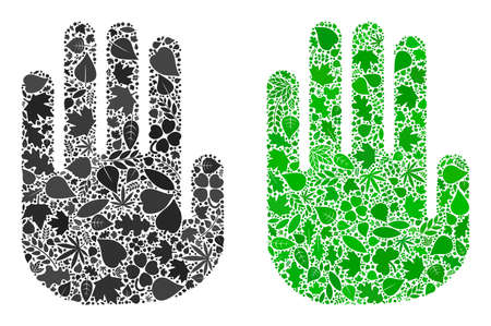 Ecology stop hand icon collage of herbal leaves in green and natural color variations. Ecological environment vector concept for stop hand icon.のイラスト素材