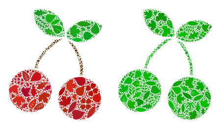 Ecology cherry icon collage of floral leaves in green and natural color tones. Ecological environment vector template for cherry icon. Cherry vector image is designed with green floral elements.のイラスト素材