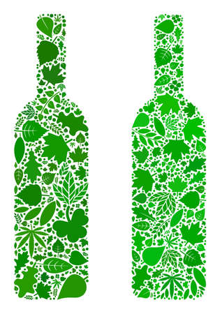 Nature wine bottle icon mosaic of plant leaves in green and natural color hues. Ecological environment vector concept for wine bottle icon. Wine bottle vector image is formed of green herbal icons.のイラスト素材