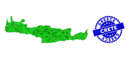 Blue rosette textured stamp seal and lowpoly Crete Island map mosaic in green colors. Triangulated Crete Island map polygonal 2d illustration, and scratched blue seal imitation.のイラスト素材