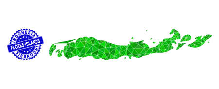 Blue rosette scratched seal and low-poly Flores Islands of Indonesia map mosaic in green colors. Triangulated Flores Islands of Indonesia map polygonal icon illustration, and rubber blue stamp seal.のイラスト素材