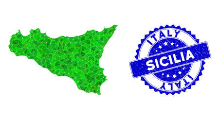 Blue rosette dirty stamp seal and lowpoly Sicilia map mosaic in green colors. Triangulated Sicilia map polygonal 2d illustration, and unclean blue seal print.のイラスト素材