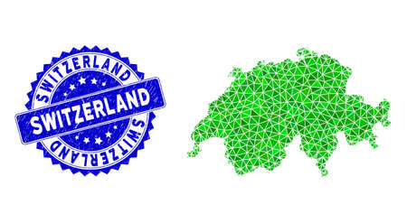 Blue rosette dirty seal and lowpoly Switzerland map mosaic in green colors. Triangulated Switzerland map polygonal symbol illustration, and dirty blue stamp seal.のイラスト素材