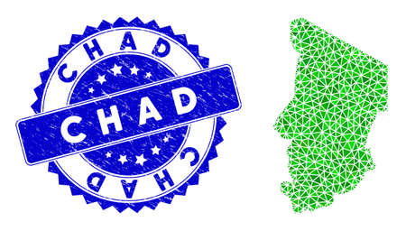 Blue rosette unclean stamp seal and low-poly Chad map mosaic in green colors. Triangulated Chad map polygonal symbol illustration, and unclean blue stamp.のイラスト素材