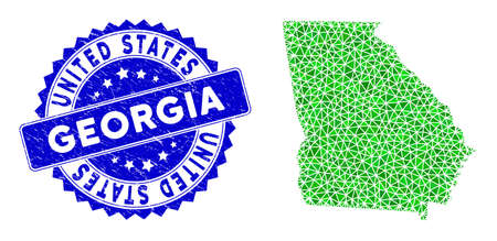 Blue rosette rubber seal and low-poly American State Georgia map mosaic in green colors. Triangulated American State Georgia map polygonal icon illustration, and dirty blue seal print.のイラスト素材