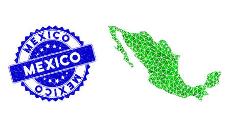 Blue rosette grunge stamp seal and lowpoly Mexico map mosaic in green colors. Triangulated Mexico map polygonal icon illustration, and dirty blue seal print.のイラスト素材