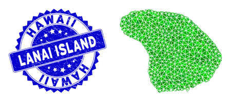 Blue rosette grunge stamp seal and low-poly Lanai Island map mosaic in green colors. Triangulated Lanai Island map polygonal 2d illustration, and unclean blue stamp seal.のイラスト素材