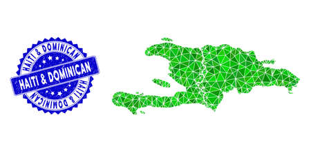 Blue rosette unclean stamp seal and lowpoly Haiti and Dominican Republic map mosaic in green colors.のイラスト素材