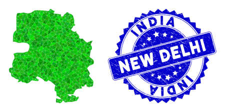 Blue rosette corroded stamp seal and lowpoly New Delhi City map mosaic in green colors. Triangulated New Delhi City map polygonal icon illustration with corroded blue stamp.のイラスト素材