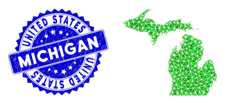 Blue rosette grunge stamp seal and lowpoly Michigan State map mosaic in green colors. Triangulated Michigan State map polygonal 2d illustration, and corroded blue seal imitation.のイラスト素材