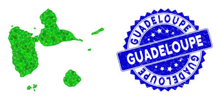 Blue rosette corroded seal and lowpoly Guadeloupe map mosaic in green colors. Triangulated Guadeloupe map polygonal icon illustration, and unclean blue seal imitation.のイラスト素材