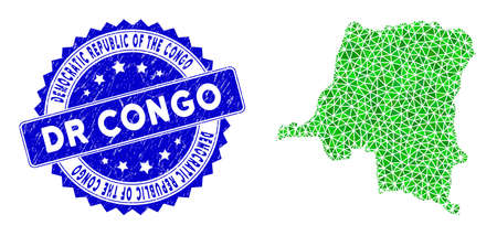 Blue rosette unclean stamp and low-poly Democratic Republic of the Congo map mosaic in green colors.のイラスト素材