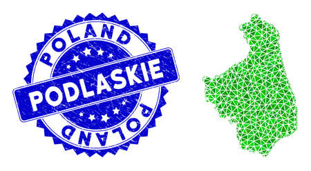 Blue rosette unclean stamp seal and low-poly Podlaskie Voivodeship map mosaic in green colors. Triangulated Podlaskie Voivodeship map polygonal symbol illustration with dirty blue stamp seal.のイラスト素材