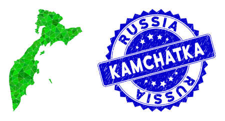 Blue rosette scratched badge and lowpoly Kamchatka map mosaic in green colors. Triangulated Kamchatka map polygonal symbol illustration, and scratched blue seal imitation.のイラスト素材