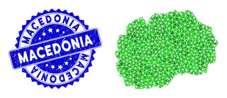 Blue rosette unclean stamp seal and lowpoly Macedonia map mosaic in green colors. Triangulated Macedonia map polygonal symbol illustration, and dirty blue badge.のイラスト素材