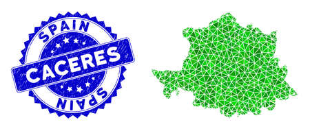 Blue rosette grunge seal and lowpoly Caceres Province map mosaic in green colors. Triangulated Caceres Province map polygonal 2d illustration with corroded blue stamp seal.のイラスト素材