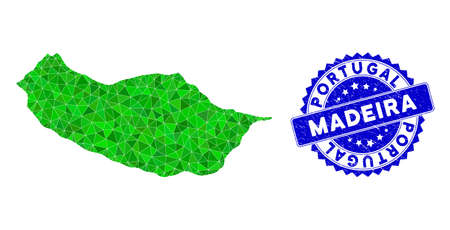 Blue rosette dirty badge and lowpoly Portugal Madeira Island map mosaic in green colors. Triangulated Portugal Madeira Island map polygonal icon illustration with dirty blue seal.のイラスト素材