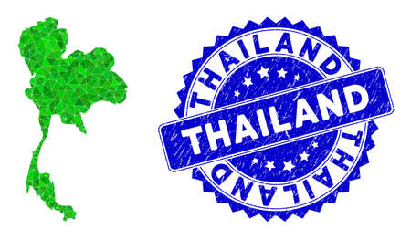 Blue rosette textured seal and lowpoly Thailand map mosaic in green colors. Triangulated Thailand map polygonal symbol illustration with dirty blue seal.のイラスト素材