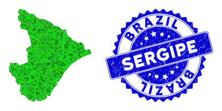 Blue rosette grunge stamp and lowpoly Sergipe State map mosaic in green colors. Triangulated Sergipe State map polygonal 2d illustration, and dirty blue stamp.のイラスト素材