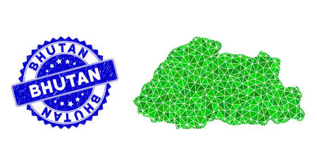 Blue rosette rubber stamp seal and low-poly Bhutan map mosaic in green colors. Triangulated Bhutan map polygonal 2d illustration with grunge blue seal print.のイラスト素材