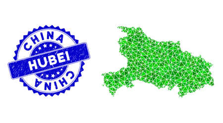Blue rosette dirty stamp seal and lowpoly Hubei Province map mosaic in green colors. Triangulated Hubei Province map polygonal 2d illustration, and unclean blue seal imitation.のイラスト素材