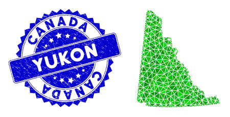 Blue rosette textured seal and lowpoly Yukon Province map mosaic in green colors. Triangulated Yukon Province map polygonal icon illustration, and textured blue badge.のイラスト素材