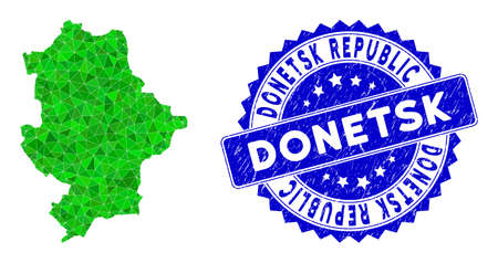 Blue rosette grunge stamp and lowpoly Donetsk Republic map mosaic in green colors. Triangulated Donetsk Republic map polygonal symbol illustration with textured blue badge.のイラスト素材
