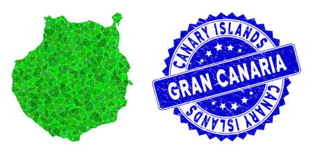 Blue rosette textured stamp and lowpoly Gran Canaria map mosaic in green colors. Triangulated Gran Canaria map polygonal icon illustration, and grunge blue stamp seal.のイラスト素材