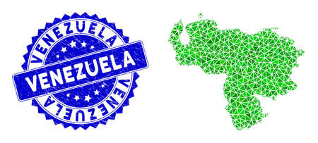 Blue rosette textured seal and low-poly Venezuela map mosaic in green colors. Triangulated Venezuela map polygonal 2d illustration, and textured blue seal.のイラスト素材