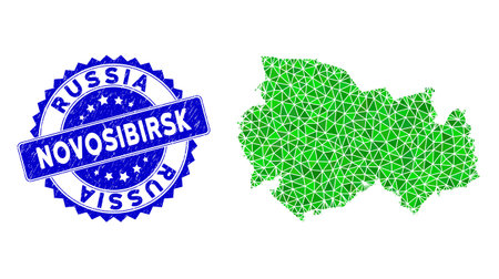 Blue rosette textured stamp seal and lowpoly Novosibirsk Region map mosaic in green colors. Triangulated Novosibirsk Region map polygonal symbol illustration, and textured blue stamp.のイラスト素材