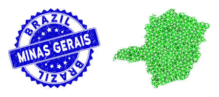 Blue rosette scratched seal and lowpoly Minas Gerais State map mosaic in green colors. Triangulated Minas Gerais State map polygonal symbol illustration, and scratched blue stamp seal.のイラスト素材