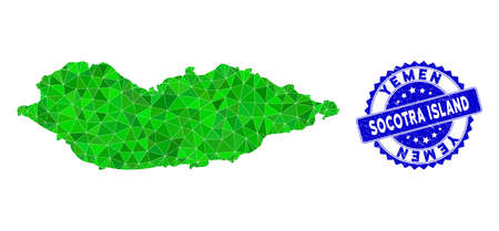 Blue rosette grunge stamp seal and lowpoly Socotra Island map mosaic in green colors. Triangulated Socotra Island map polygonal symbol illustration, and textured blue seal print.のイラスト素材