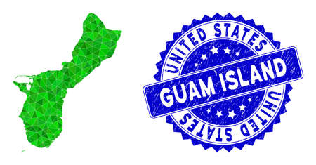 Blue rosette rubber badge and lowpoly Guam Island map mosaic in green colors. Triangulated Guam Island map polygonal symbol illustration, and dirty blue badge.のイラスト素材