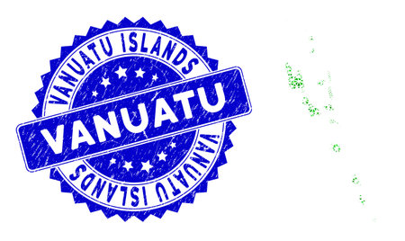 Blue rosette grunge stamp and lowpoly Vanuatu Islands map mosaic in green colors. Triangulated Vanuatu Islands map polygonal 2d illustration, and grunge blue stamp seal.のイラスト素材
