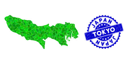Blue rosette corroded seal and lowpoly Tokyo Prefecture map mosaic in green colors. Triangulated Tokyo Prefecture map polygonal 2d illustration, and textured blue seal print.のイラスト素材