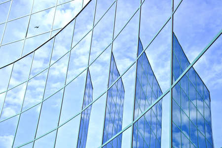 four reflections of sky and clouds in office building with passing gullの写真素材