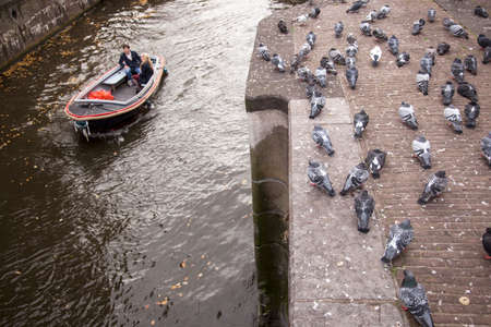 pigeons and boat with couple in amsterdam canalのeditorial素材