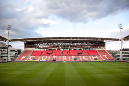 empty stadium of soccer club fc utrecht in the netherlands with pigeonsのeditorial素材