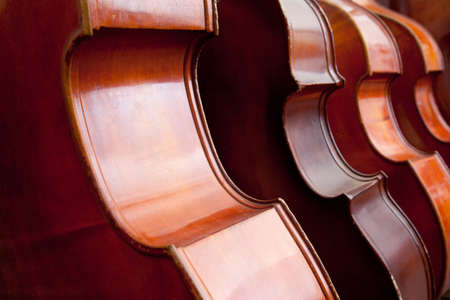 closeup of four double basses in a rowの写真素材