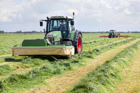 tractor and mower in green meadow in the netherlandsの写真素材