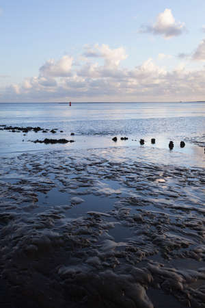 muddy shore of dutch waddenzee at low tide on Vlieland at duskの写真素材