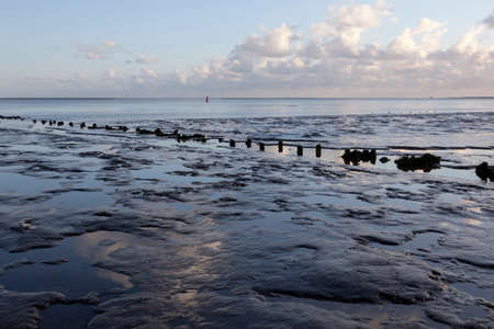 muddy shore of dutch waddenzee at low tide on Vlieland at duskの写真素材