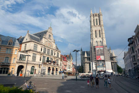 theatre and sing baafs cathedral in old medieval city of ghent in belgiumのeditorial素材