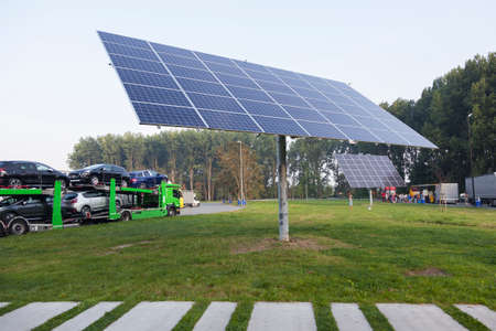 solar panels on truck stop near belgian motorway between Ghent and Bruggeのeditorial素材