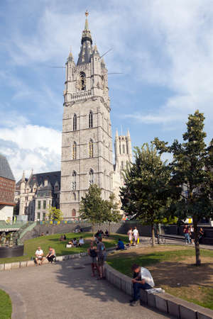 belfort and tram rails in centre of belgian city Ghentのeditorial素材