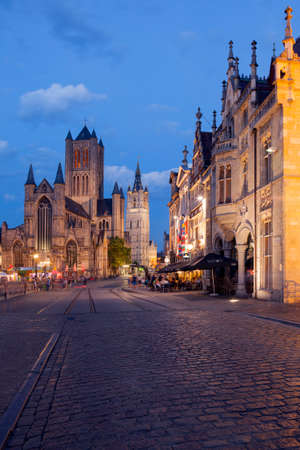 niklaaskerk seen from michiels bridge in centre of medieval Ghent in Belgium at nightのeditorial素材