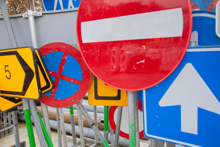 a lot of european street signs put togetherの写真素材