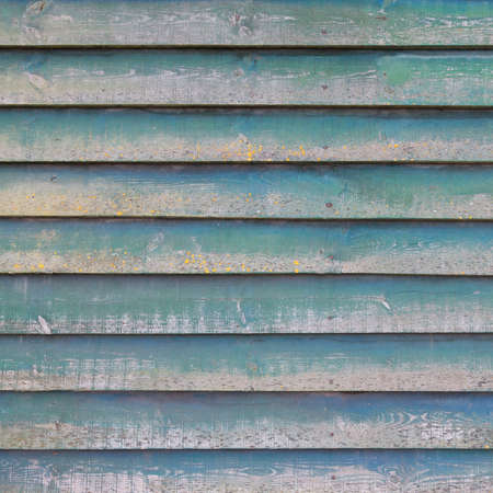 part of shed wall consisting of old horizontal wooden planks with faded green paint and yellow mossの写真素材